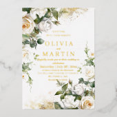 Waterverf Rozen en gouden sierlijke bloemenbruilof Folie Uitnodiging (Voorkant)