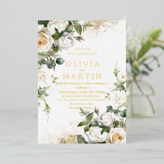 Waterverf Rozen en gouden sierlijke bloemenbruilof Folie Uitnodiging (Staand Voorkant)