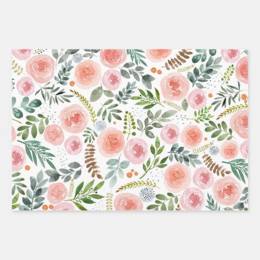 Waterverf Rozen en groene bladeren Inpakpapier Vel (Voorkant 3)