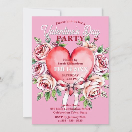 Waterverf Rozen en Hart Valentijnsdag Partij Kaart (Voorkant)