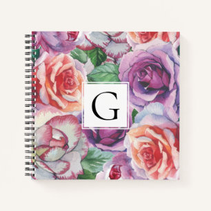 Waterverf rozen en lijst met monogram floraal notitieboek