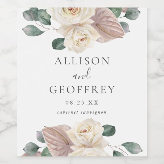 Waterverf Rozen en orchideeën Aangepast huwelijk Wijn Etiket (Enkel label)