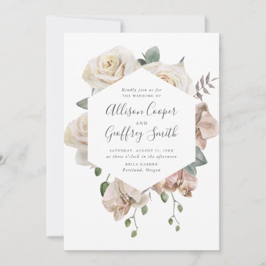 Waterverf Rozen en Orchideeën Bloemen Lijst Bruilo Kaart (Voorkant)