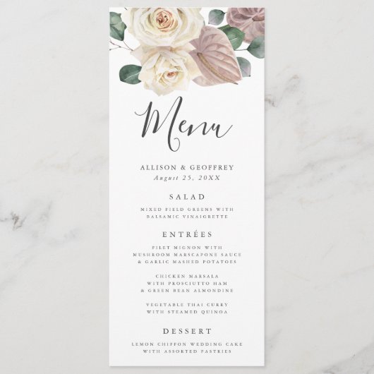 Waterverf Rozen en Orchideeën Bruiloft Menu Kaart (Voorkant)