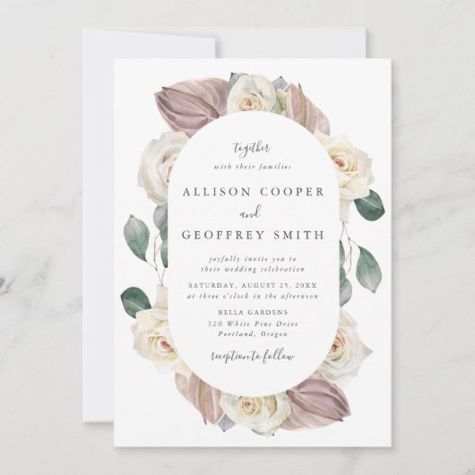 Waterverf Rozen en Orchideeën Ovaal Lijst Bruiloft Kaart (Voorkant)