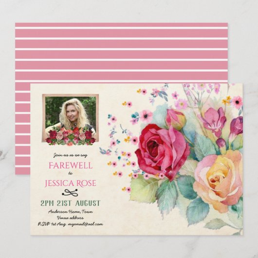 Waterverf Rozen FAREWELL FOTO Invitation Pink Kaart (Voorkant / Achterkant)
