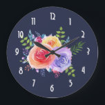 Waterverf Rozen Floral Bouquet Grote Klok<br><div class="desc">Een klok met een mooi boeket van waterverf rozen met sprigs, bladeren en takken samen in een kleurrijke florale schikking. Navy blue background. Kunst deco klokgezicht.</div>