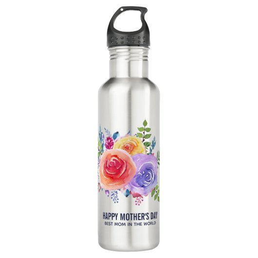 Waterverf Rozen Floral Bouquet Moederdag Waterfles (Voorkant)