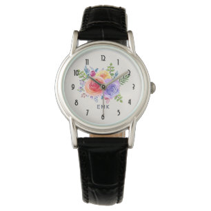 Waterverf Rozen Floral Bouquet Monogram Horloge