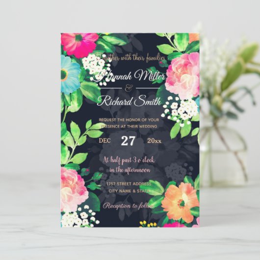 Waterverf  Rozen Floral Dark Blue Design Kaart (Staand voorkant)