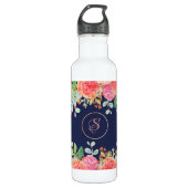 Waterverf Rozen Floral Navy Glitter gepersonalisee Waterfles (Voorkant)