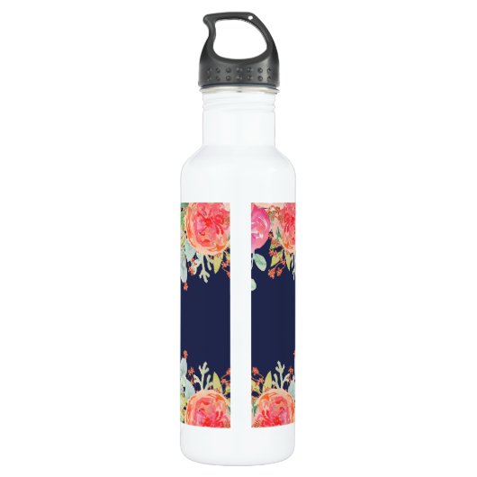 Waterverf Rozen Floral Navy Glitter gepersonalisee Waterfles (Achterkant)