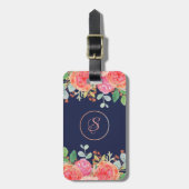 Waterverf Rozen Floral Navy Glitter Monogram Bagagelabel (Voorkant verticaal)