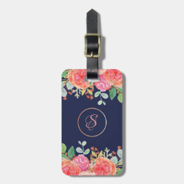 Waterverf Rozen Floral Navy Glitter Monogram Bagagelabel
