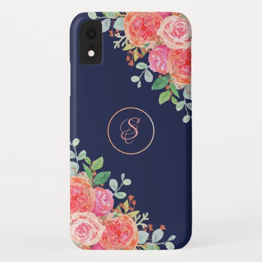 Waterverf Rozen Floral Navy Glitter Monogram Case-Mate iPhone Case (Achterkant)