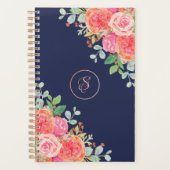 Waterverf Rozen Floral Navy Glitter Monogram Planner (Voorkant)