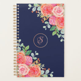 Waterverf Rozen Floral Navy Glitter Monogram Planner