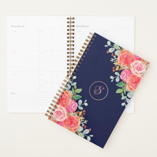 Waterverf Rozen Floral Navy Glitter Monogram Planner (Display)