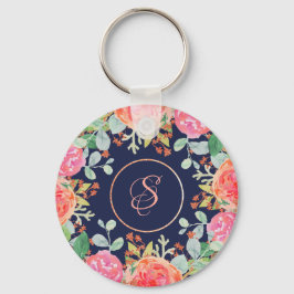 Waterverf Rozen Floral Navy Glitter Monogram Sleutelhanger