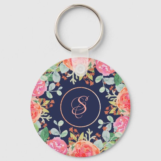 Waterverf Rozen Floral Navy Glitter Monogram Sleutelhanger (Voorkant)