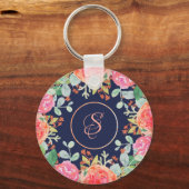 Waterverf Rozen Floral Navy Glitter Monogram Sleutelhanger (Voorkant)