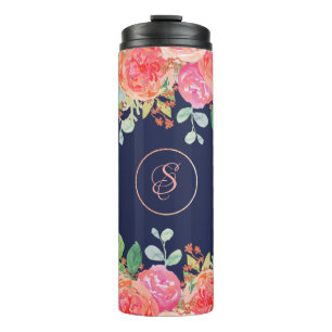 Waterverf Rozen Floral Navy Glitter Monogram Thermosbeker