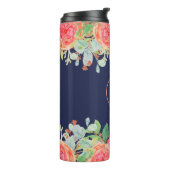 Waterverf Rozen Floral Navy Glitter Monogram Thermosbeker (Gedraaid links)