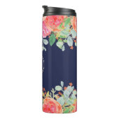 Waterverf Rozen Floral Navy Glitter Monogram Thermosbeker (Geroteerd rechts)
