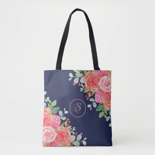 Waterverf Rozen Floral Navy Monogram Tote Bag (Voorkant)