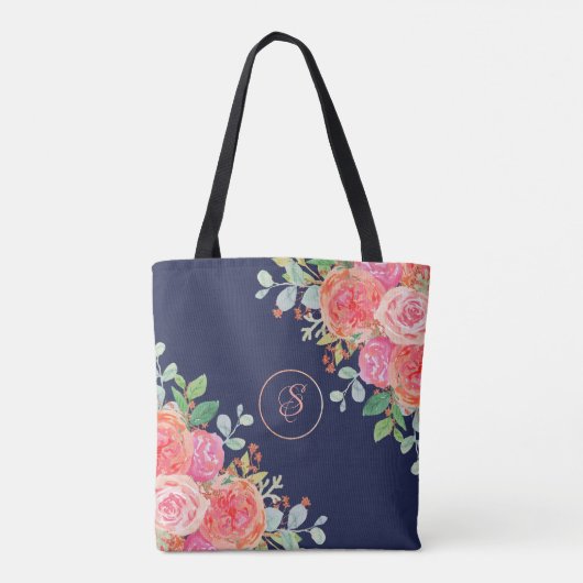 Waterverf Rozen Floral Navy Monogram Tote Bag (Achterkant)