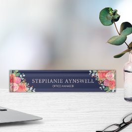 Waterverf Rozen Floral Navy Roos Gouden Glitter Naambordje