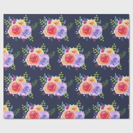 Waterverf Rozen Floral Pattern op Navy Blue Cadeaupapier (Vlak)