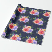Waterverf Rozen Floral Pattern op Navy Blue Cadeaupapier (Uitgerold)