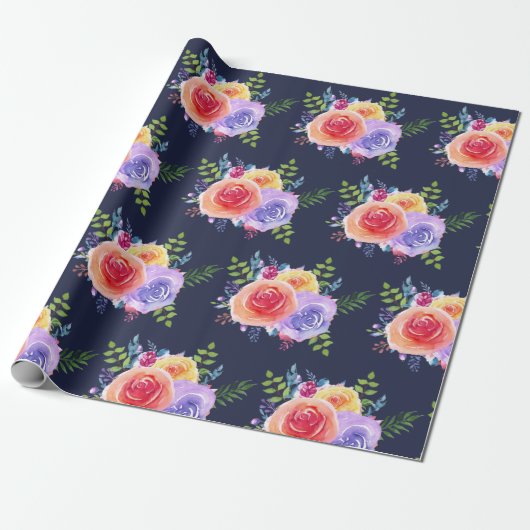 Waterverf Rozen Floral Pattern op Navy Blue Cadeaupapier (Uitgerold)