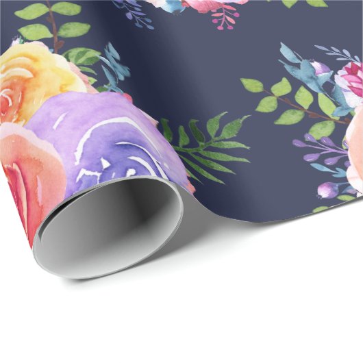 Waterverf Rozen Floral Pattern op Navy Blue Cadeaupapier (Rol Hoek)