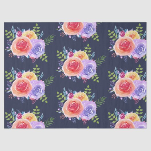 Waterverf Rozen Floral Pattern op Navy Blue Tissuepapier (Voorkant)