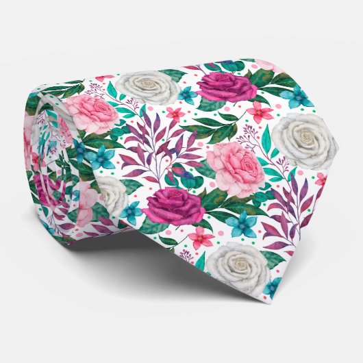 Waterverf Rozen Fuchsia Wit Roze Blauwgroen Stropdas (Opgerold)