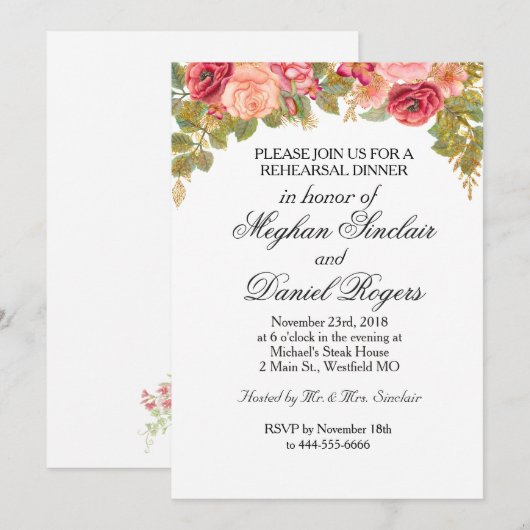 Waterverf Rozen & glitter repetitie diner uitnodig Kaart (Voorkant / Achterkant)