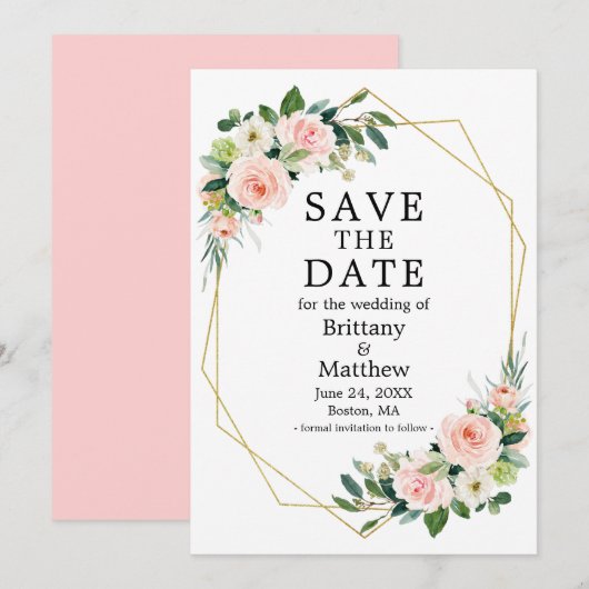 Waterverf Rozen Gold Geo Lijst Roze Blush Save The Date (Voorkant / Achterkant)
