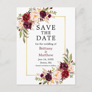 Waterverf Rozen Gold Lijst Burgundy Save the Date Briefkaart