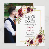 Waterverf Rozen Gold Lijst Foto Burgundy Save The Date (Voorkant / Achterkant)