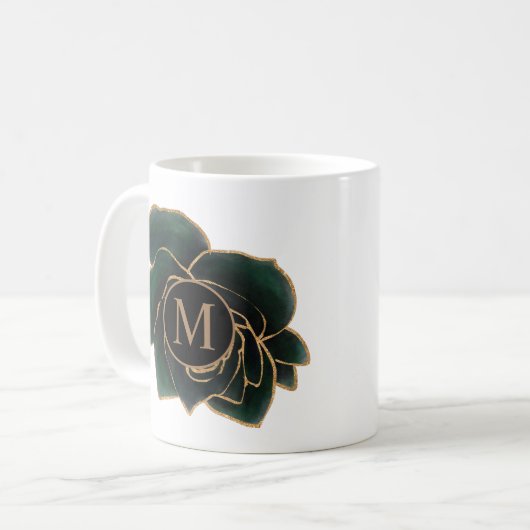 waterverf rozen goud en groen monogram koffiemok (Voorkant links)