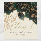 Waterverf Rozen Goud en Groen Proost Bruiloft Wijn Etiket (Enkel label)