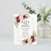 Waterverf Rozen Goud Lijst Bourgogne Save the Date Briefkaart (Staand voorkant)