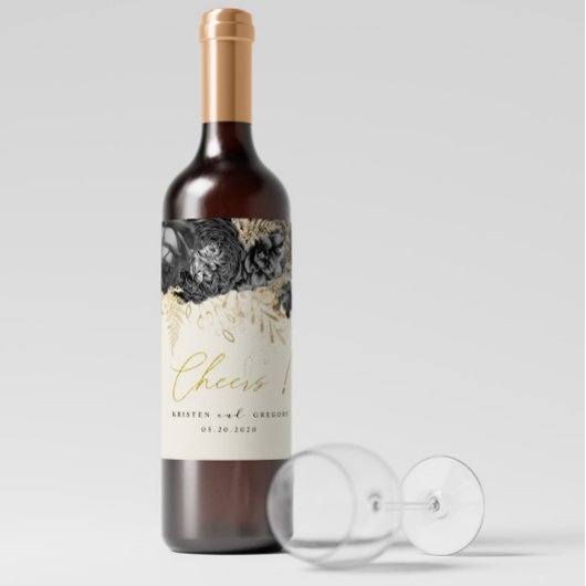 Waterverf Rozen Goud Zwart Proost Bruiloft Wijn Etiket