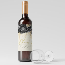 Waterverf Rozen Goud Zwart Proost Bruiloft Wijn Etiket