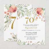 Waterverf Rozen & Gouden Glitter 70ste Verjaardag Uitnodiging Briefkaart (Voorkant / Achterkant)