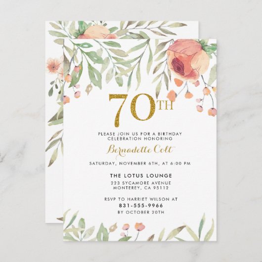 Waterverf Rozen & Gouden Glitter 70ste Verjaardag Uitnodiging Briefkaart (Voorkant / Achterkant)