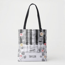 waterverf rozen grijs gebladerte muziek piano tote bag