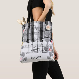 waterverf rozen grijs gebladerte muziek piano tote bag